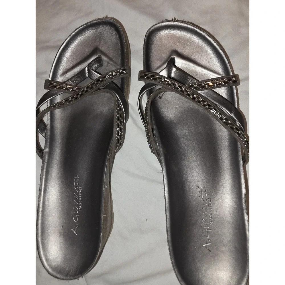 A. Giannetti Sandals Made InItaly. Silver Leather & Rhinestones. 2